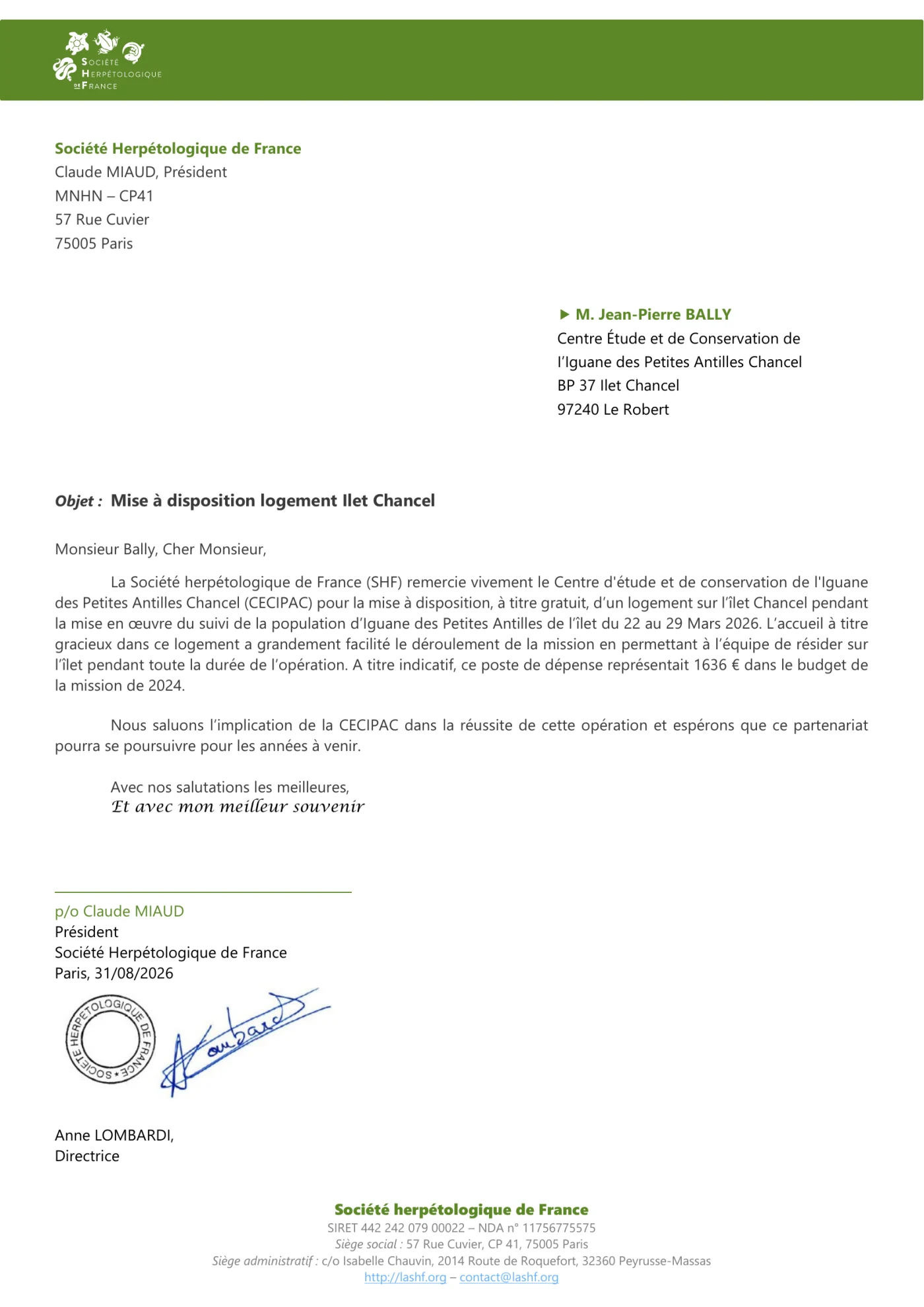 Courrier de remerciements de la Société Herpétologique de France au CECIPAC, daté du 31 août 2026